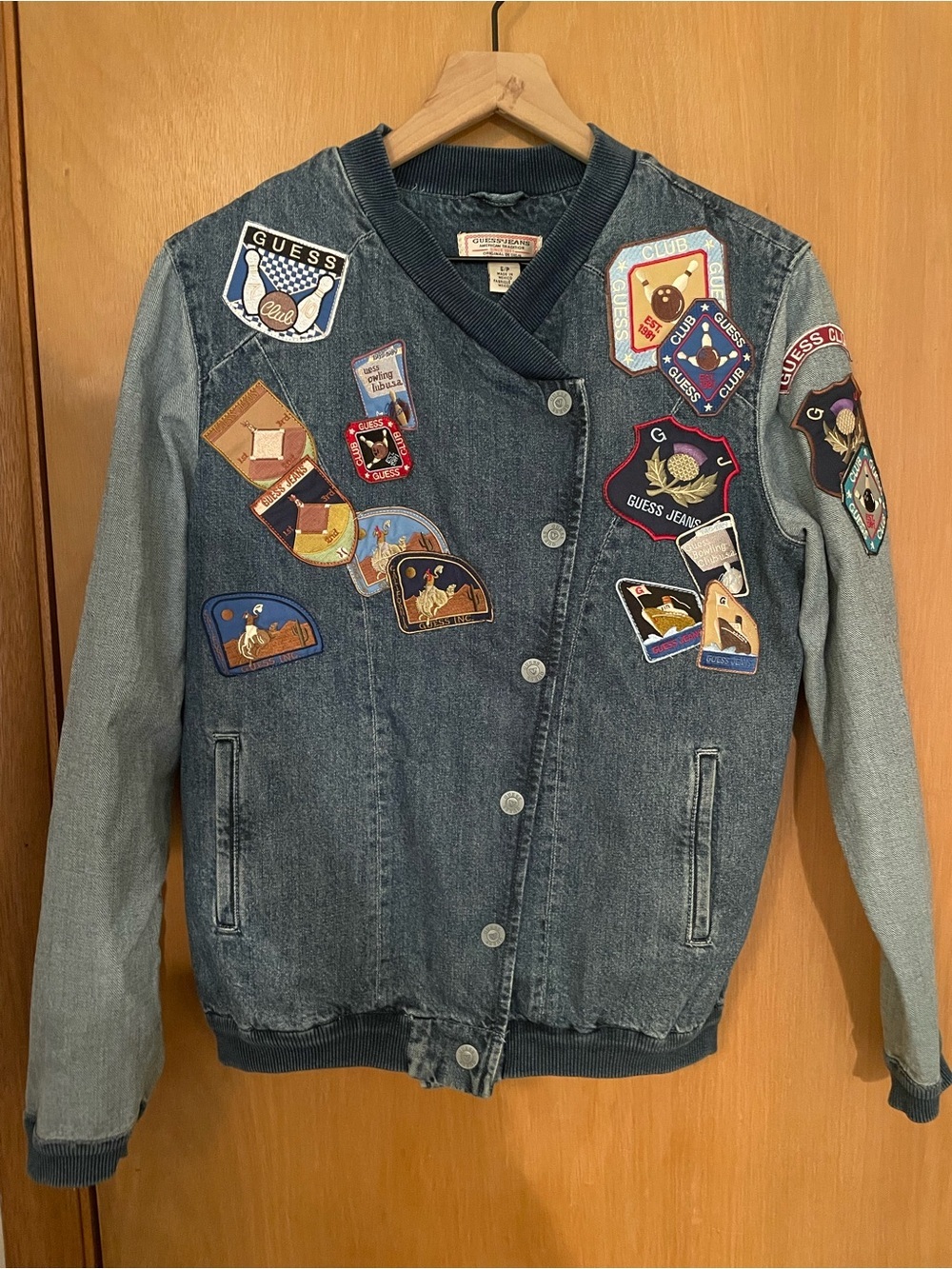 80’s 90’s Vintage RARE Guess Denim Patch Snap Button Bowling Jacket Size S/M